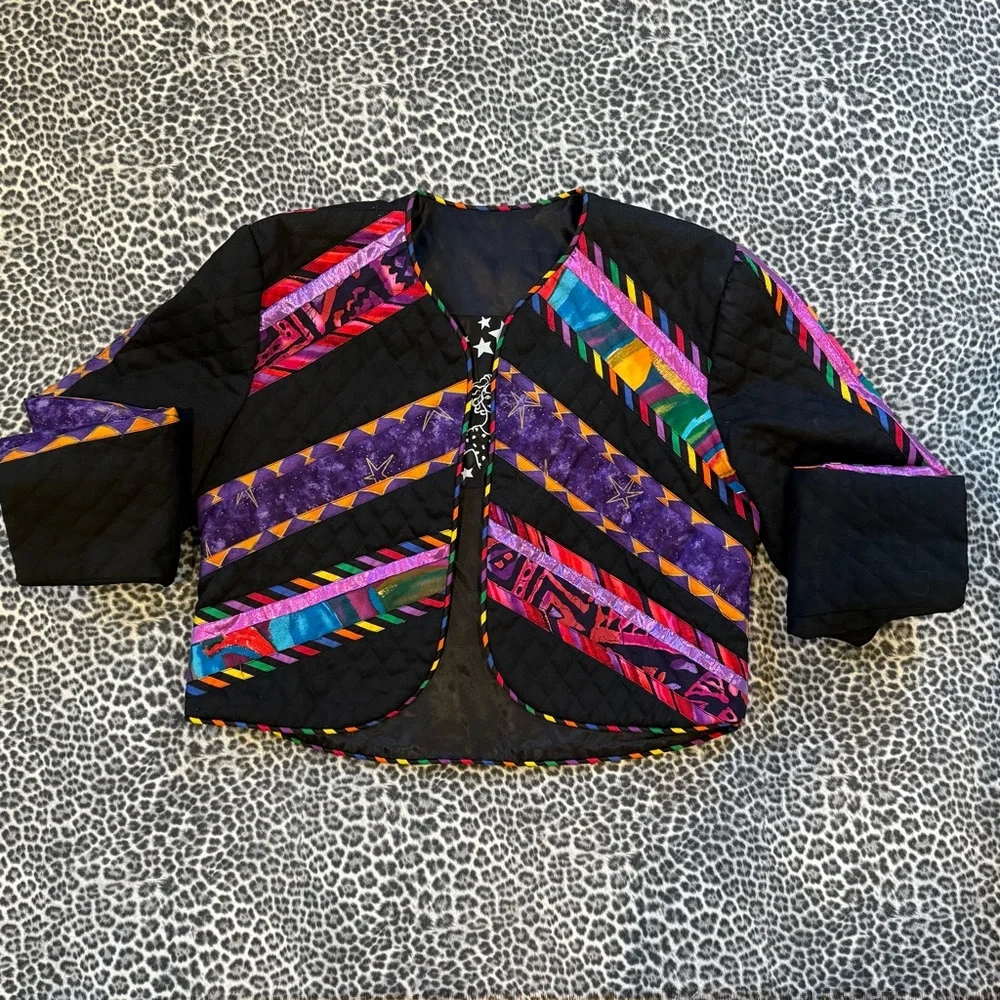 Marie Studer Design Vintage Colorful Quilted Geometric Cropped  Jacket USA Small